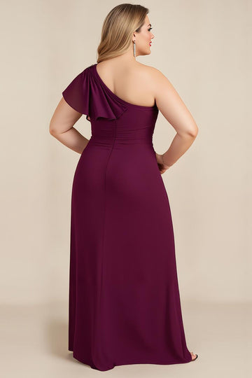 Burgundy A-Line One Shoulder Plus Size Mother Of The Bride Dress With Beading